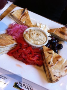 Hummus Platter with roasted red peppers/onions/feta/olives